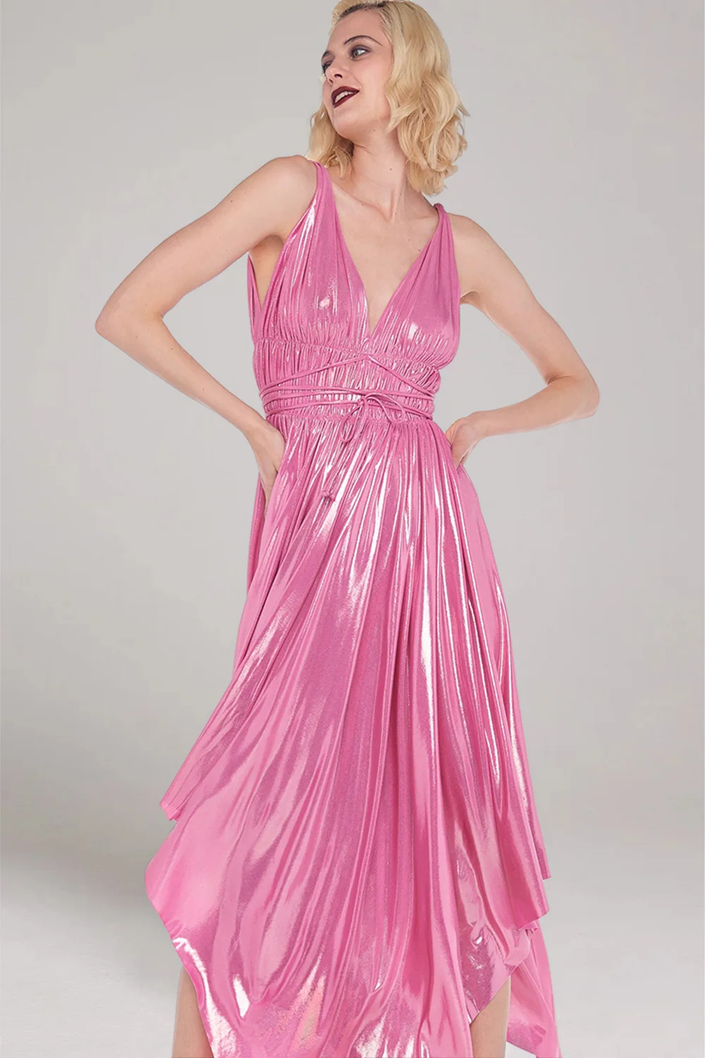 

Women's Elegant Dresses V Neck Sleeveless Irregular Hem Midi Dress Candy Pink A-Line Dress Party Pleated Dresses