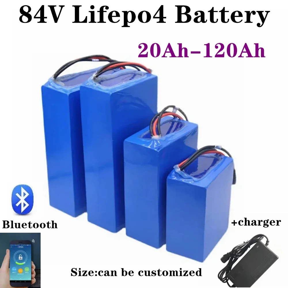 

84v 60Ah 50AH LiFePo4 battery Bluetooth APP 40Ah 84V 100Ah 80Ah lifepo4 battery 28S BMS for inverter EV motorcycle + charger