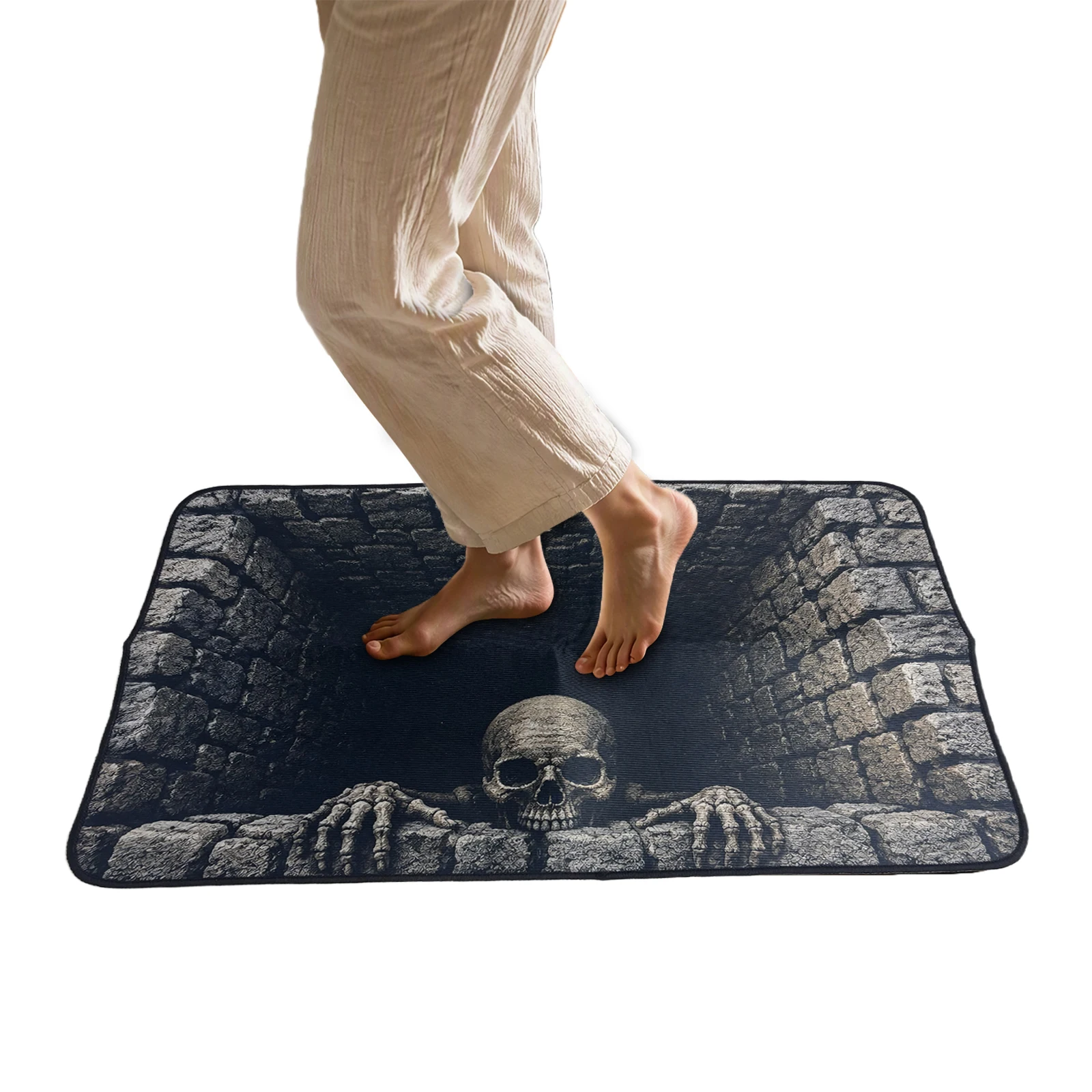 Skeleton Halloween Skull Velvet Mat Spooky Gothic Optical Floor Carpet, Horror Decorative Door Mat for Living Room Home Gift