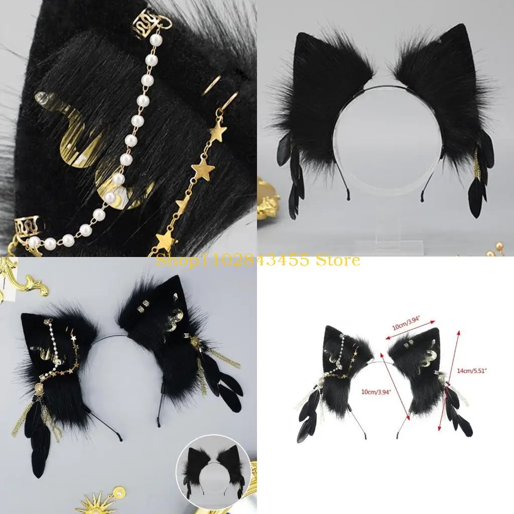 

49MC Furry Cats Ears Headband Foxes Ears with Feathers Tassel Plush Animal Ears Headdress Accessory Cosplays Celebration