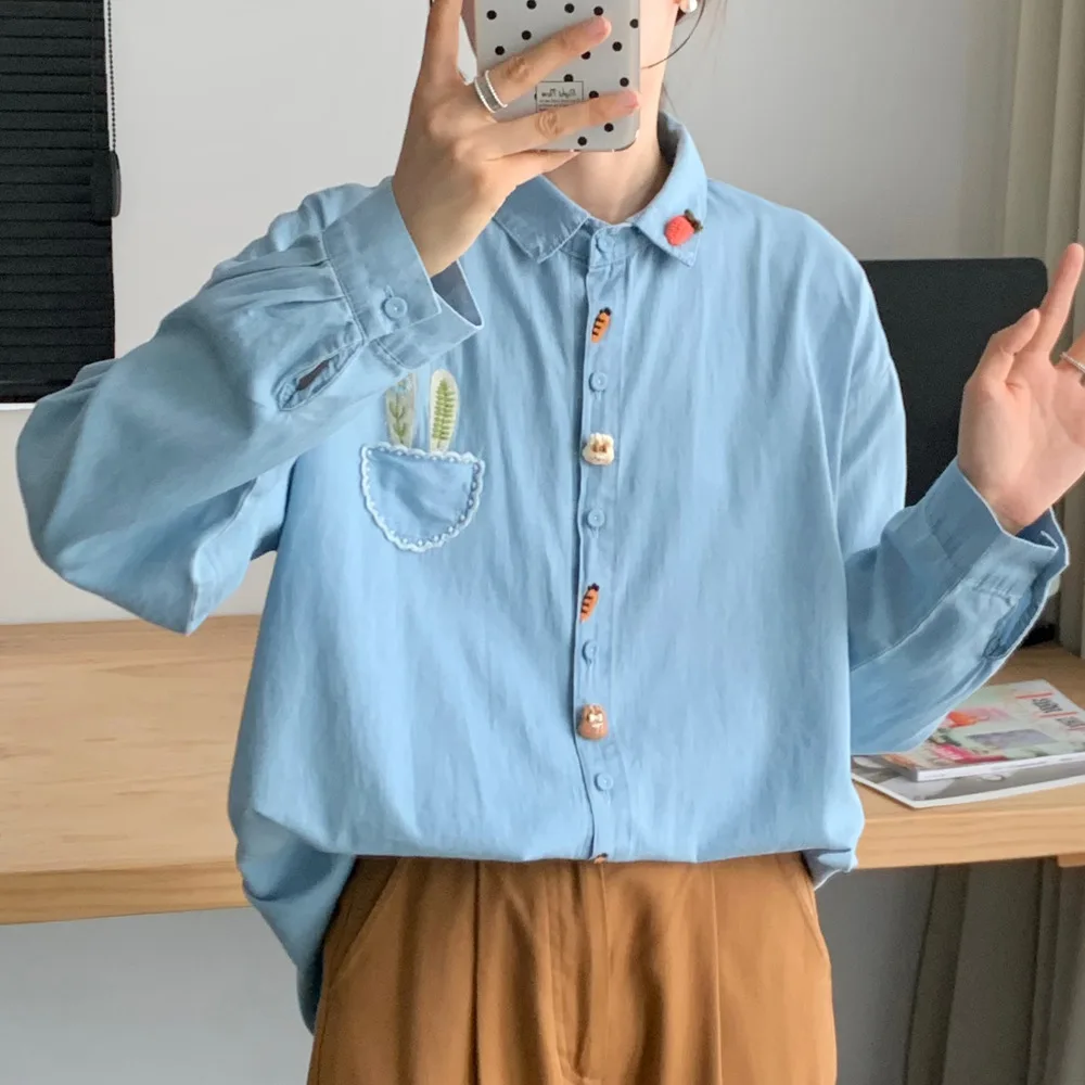 Women Embroidered Denim Shirt Lapel Long Sleeve Button Down Loose Casual Vintage Blouse Ladies Daily Wear Tops - view 4