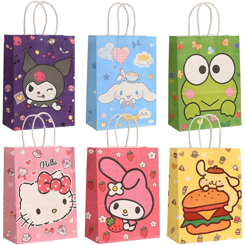 12pcs Sanrio Themed Party Gift Bags with Handle Cute Kitty Melody Kuromi Kraft Bags Shower Kids Bithday Party Favors Bags Decor