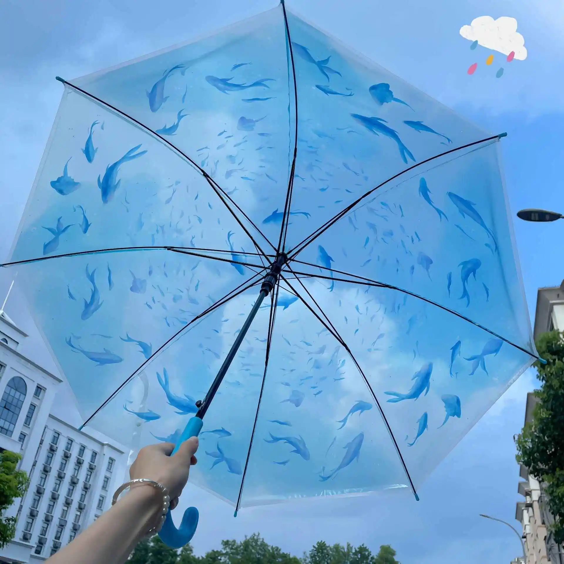 

Transparent Portable Umbrella High Aesthetic Value Student Rain Umbrella Wind Resistant Aquarium Pattern Iron Shaft