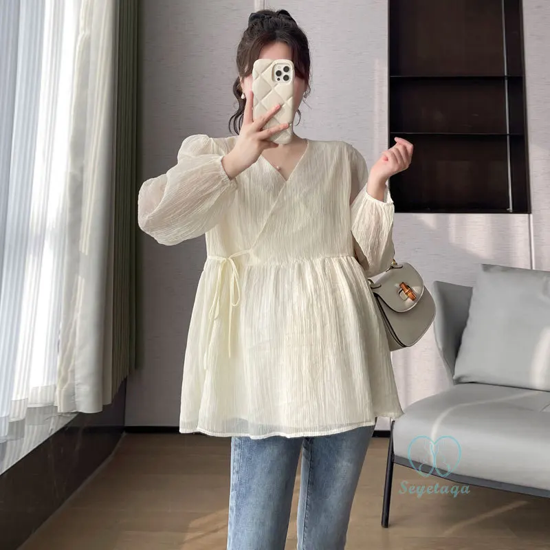 

Across V Neck Maternity Blouse 2024 Spring New Arrival Fashion Tunic Shirts Clothes for Pregnant Women Sweet Cute Pregnancy Tops