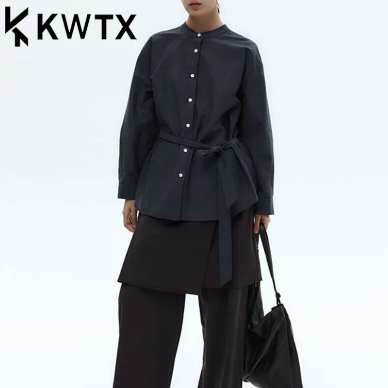 

KWTX Linen Blouse Women Solid Color Round Neck Tie Detail Single Breasted Slim Fit Elegant Chic Casual Spring Summer Premium