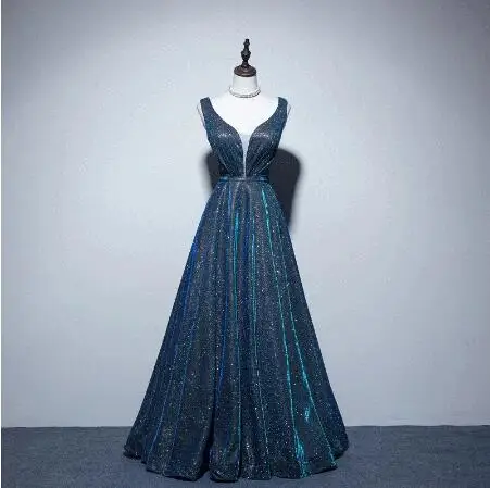 

New Starry Peacock Blue Prom Dresses A-Line V Neck Sequins Sleeveless Long Tulle Formal Banquet Annual Meeting Evening Gown 2022