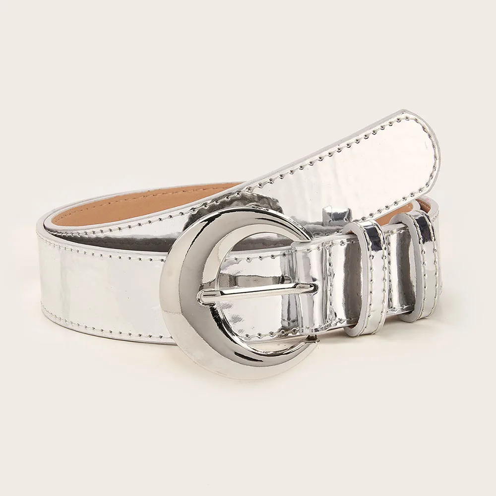 

Fashionable Women's Belt Mirror Leather Round Silver Buckle Versatile Simple And Retro Women's Belt Decoration Jeans Pants