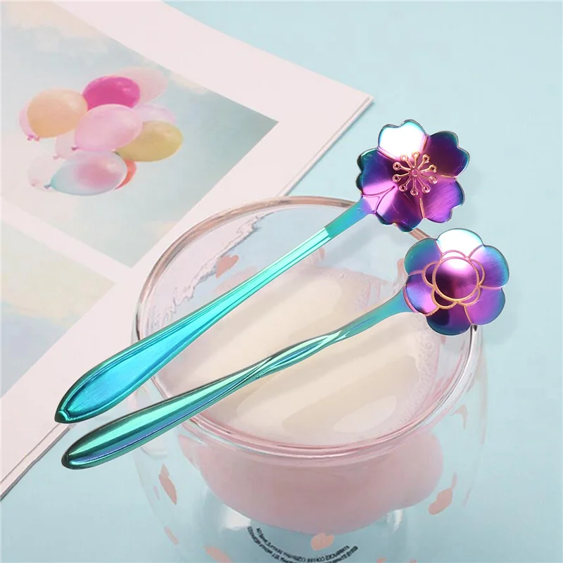 8Pcs Flower Spoon Set, 2 Different Size Colorful Stainless Steel Teaspoons Rainbow Coffee Stirring Spoon