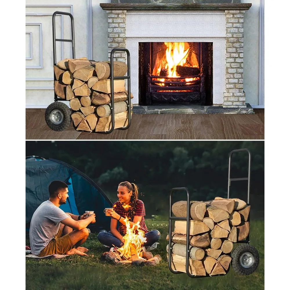 Portable Firewood Log Storage Rack with Wheels, Pushable Indoor Outdoor Firewood Rack, Heavy Duty Household Kindling Holder Wood