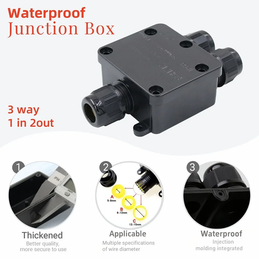 

3 Way Waterproof and dustproof Junction Box IP68 Electrical Cable Wire Connectors External Electrical Junction Box