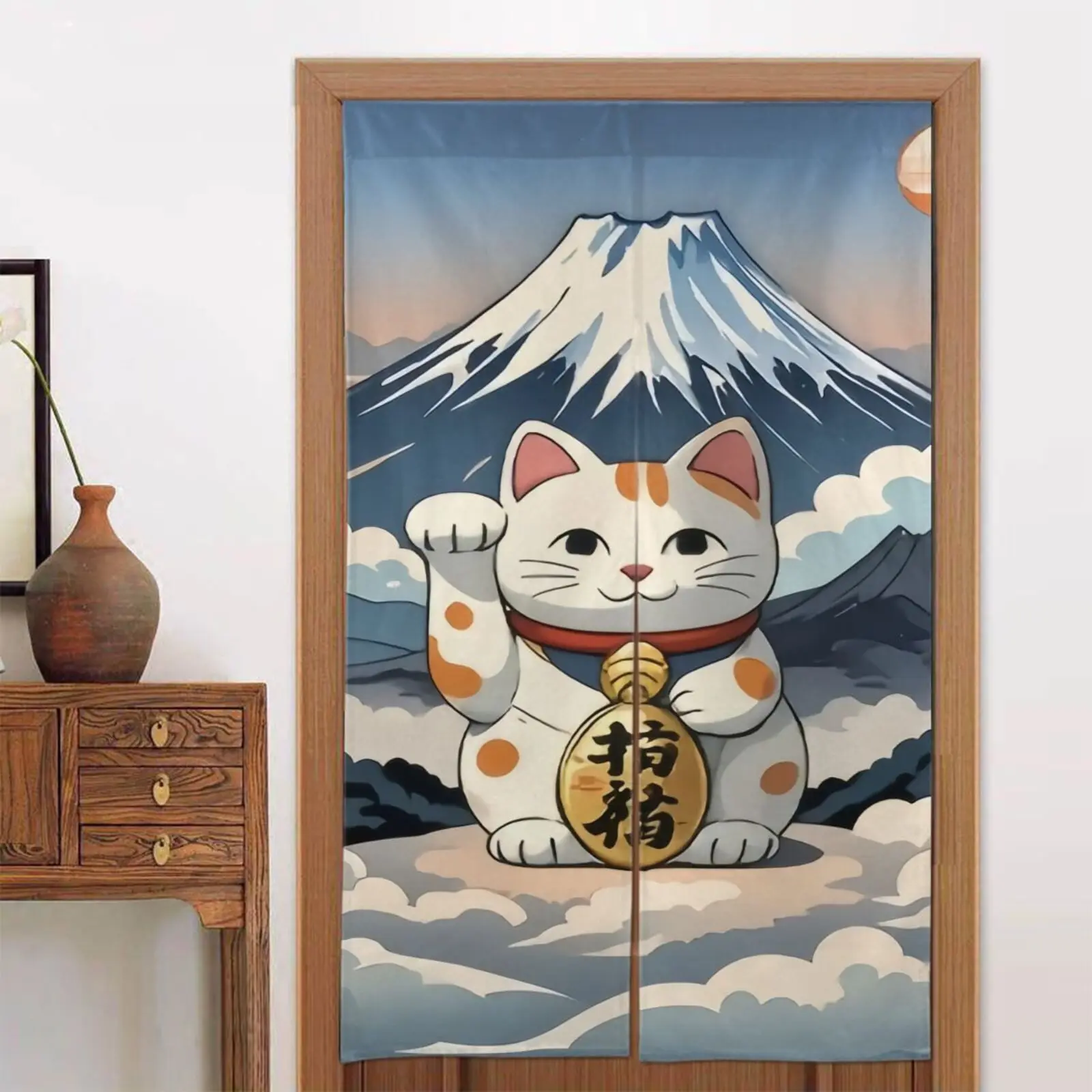 

1 шт., японский счастливый кот, креп Фудзи, дверная занавеска, тканевая перегородка в японском стиле, украшение для спальни, кухни, полузанавеска