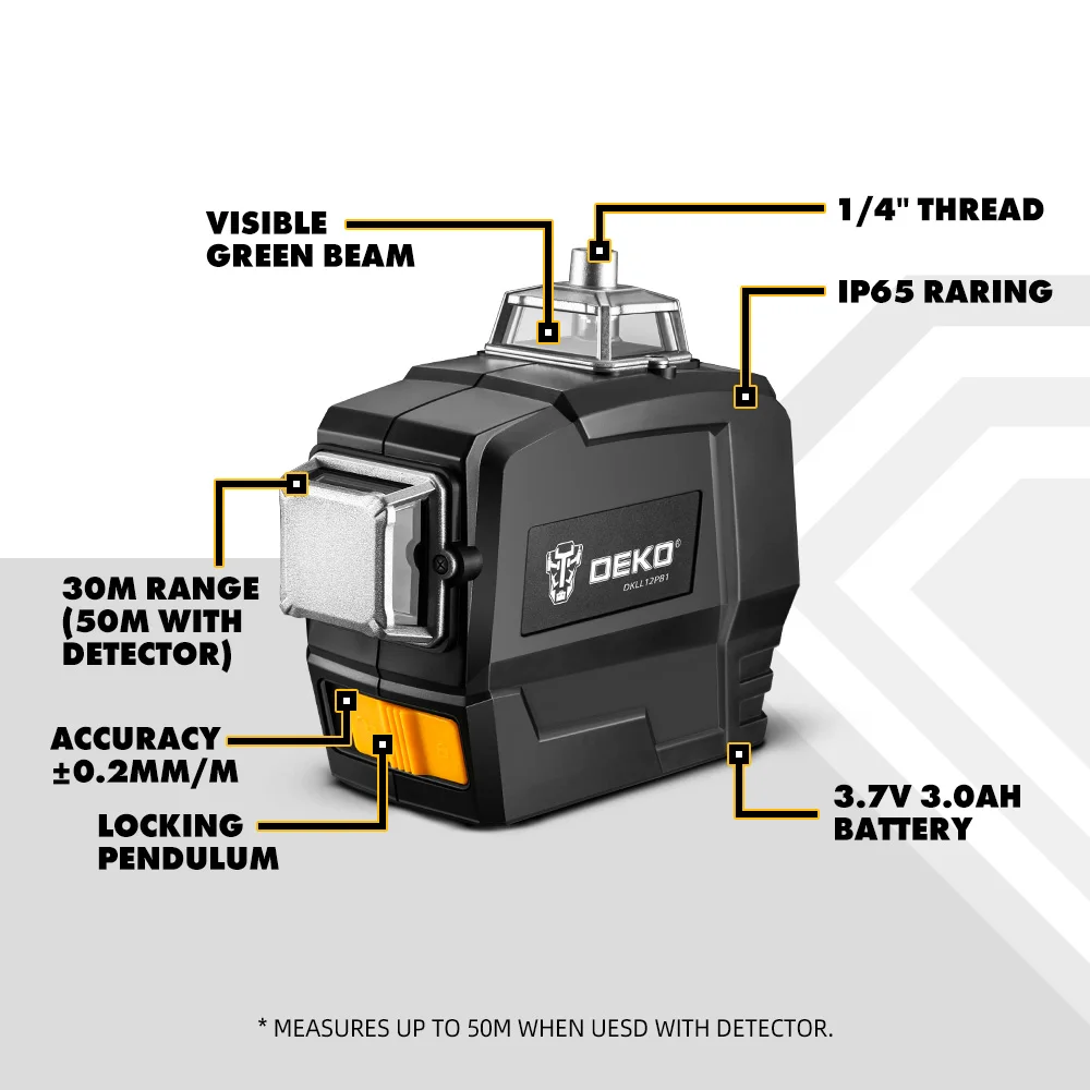 DEKO DKLL12PB  Series 12 Lines 3D Green Laser Level Horizontal&Vertical Cross Lines With Auto Self-Leveling, Indoors&Outdoors