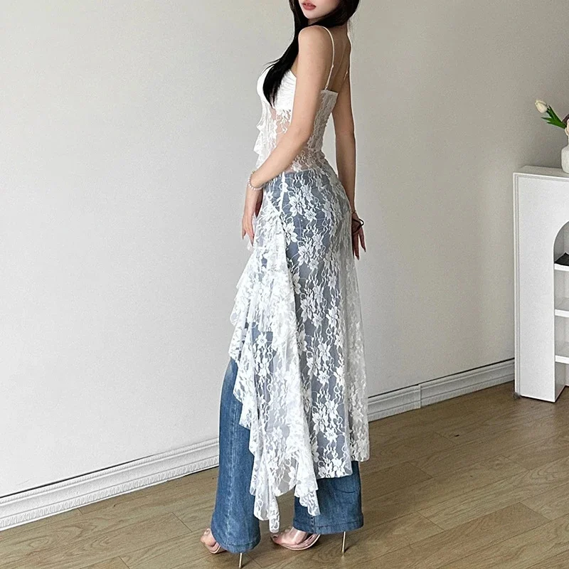 Verão sexy renda ver através do vestido suspender cor sólida fino ajuste vestido de cintura alta moda feminina irregular em camadas vestido