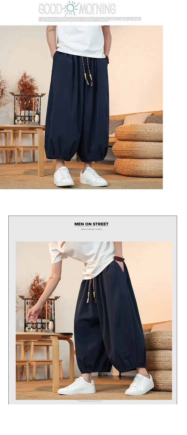 Sommerliche, atmungsaktive Sweatshirt-Hose für Herren, Eisseide, Leinenimitat, lockere, lässige, coole, kurze Hose im chinesischen Stil – Detail 24