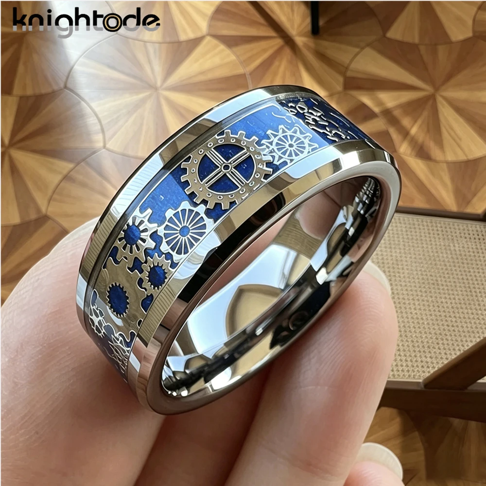 8mm Carbon Fiber Inlay Mechanical Gear Wheel Tungsten Carbide Rings Wedding Band Beveled Edges Polished Comfort Fit