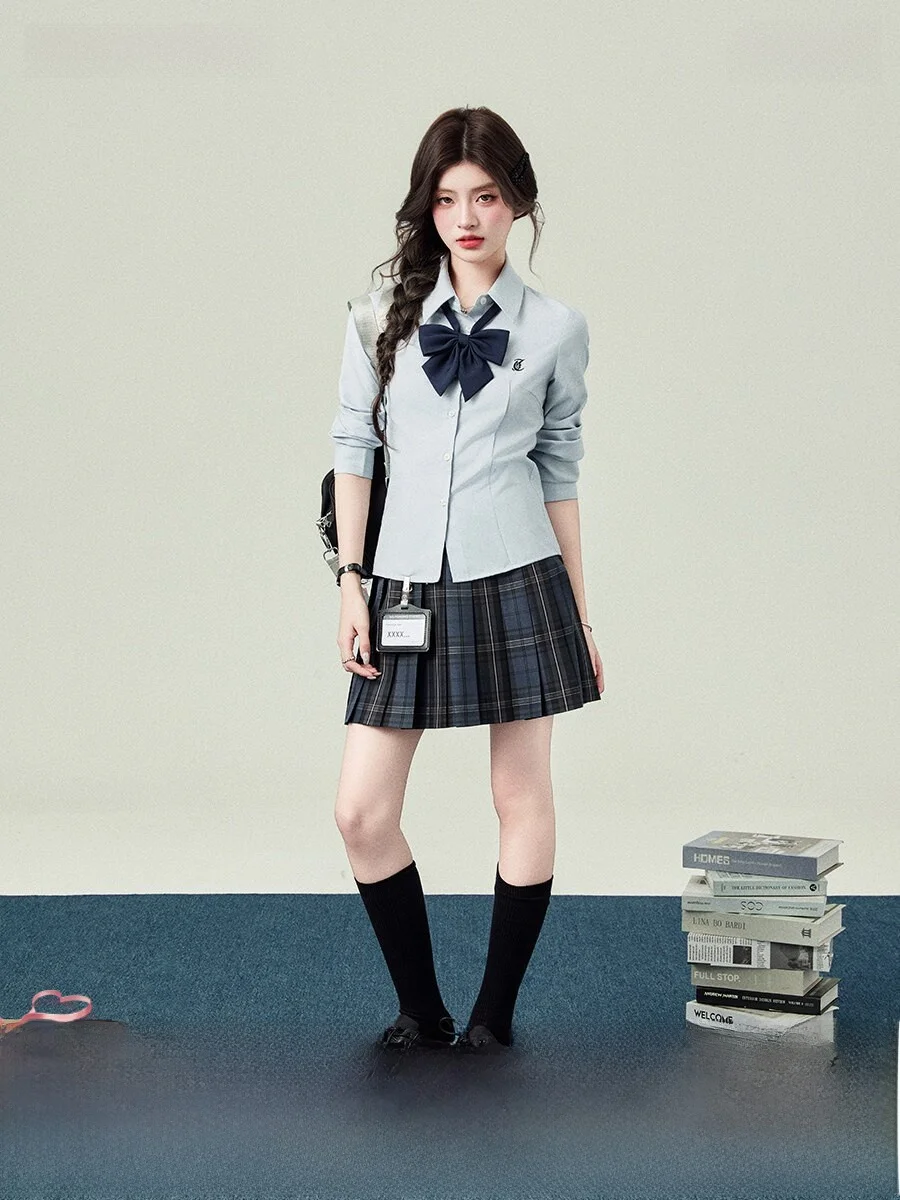 

Женская синяя рубашка Slim Fit в стиле преппи с длинным рукавом, весенняя модная коллекция, комплект в стиле студенческой формы, дышащая, повседневная, с воротником