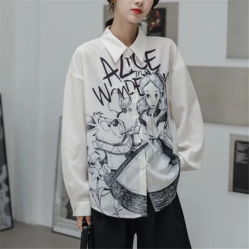 Cartoon Print Shirt Women Single Breasted Lapel Long Sleeve White Chiffon Shirts Asymmetrical Loose Womens Tops And Blouses