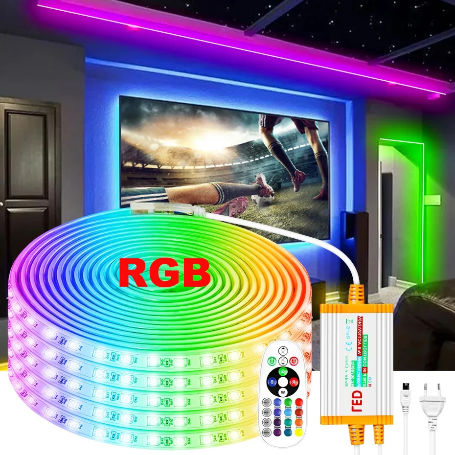 220V RGB LED Strip Light 5050 60LED/M Flexible Tape Waterproof IP67 Control with 1500W EU Power Plug for Home Decor 1M-100M