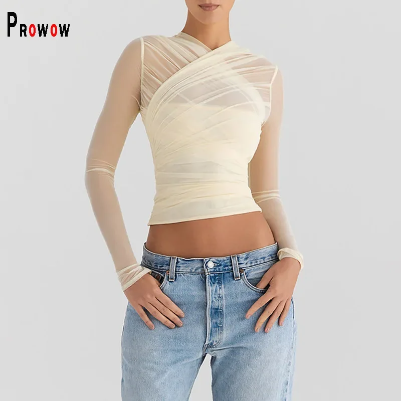 Prowow Sexy Women Shirts V-neck Long Sleeve Sheer Mesh Crop Tops New Solid Color Skinny Zipper Female Party Wear Aesthetic