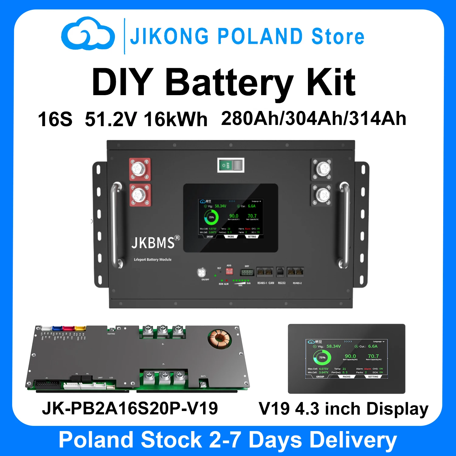 Image of EU-Lager JKBMS DIY Batteriebox Heimenergiespeicher-Kit für LiFePO4-Batterie 8S-16S 51,2V 280Ah 304Ah 314Ah 320Ah 15-16KW JK Wechselrichter BMS JK-PB2A16S20P 200A LCD-Touchscreen-Display