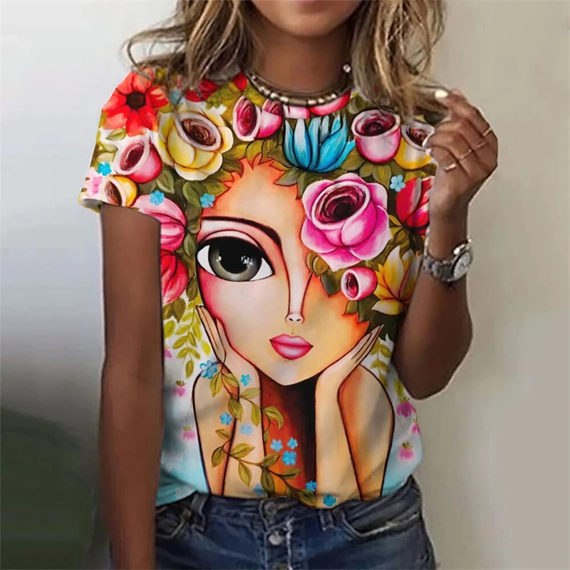 Classic Girls Face Painting 3D Graphic Tee Fashion Floral Print T Shirts For Woman Girl Street Harajuku Colorful Tshirt Tops