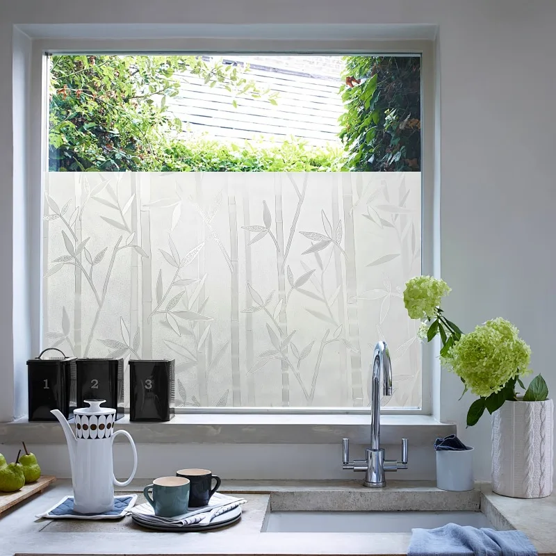 Bamboo Pattern Window Film Roll Static Cling Privacy Heat Block UV Block Reusable Easy Install for Bathroom Kitchen Door Window