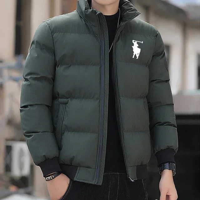 

2025 Autumn/Winter new casual zipper men's down jacket, outdoor fashionable stand-up collar short warm printed men's coat