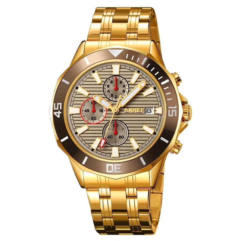 SkmeiGenuine السلع ساعة رجالي رجال الأعمال ساعة كوارتز عادية مضيئة مقاوم للماء حزام ناقل من الفولاذ ساعة التقويم ساعة رجالي