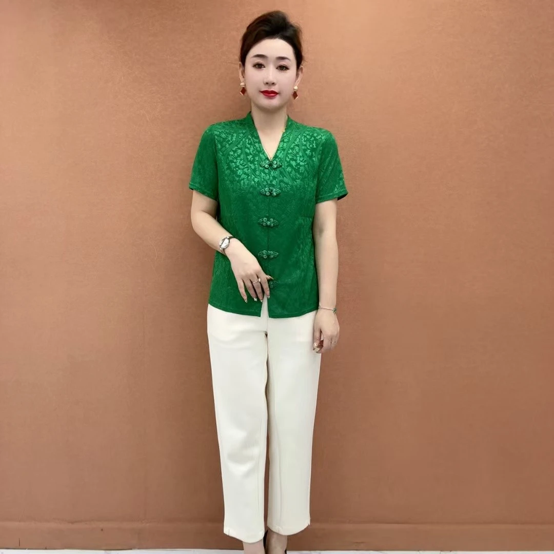 Summer New Fashion Icy Silk Jacquard T-Shirt Senior Mom's Outfit National Style Elegant Button-Up Top