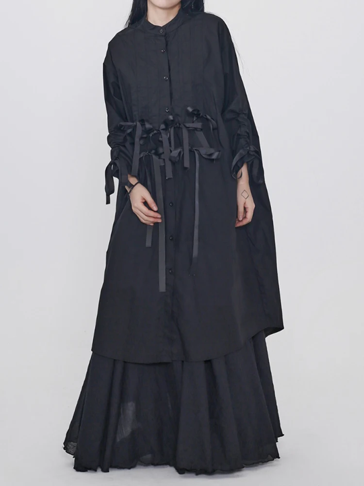YERMORA Women Black Ribbon Big Size Casual Shirt Dress Stand Collar Long Sleeve Loose Fashion Tide Spring Summer 2025 New