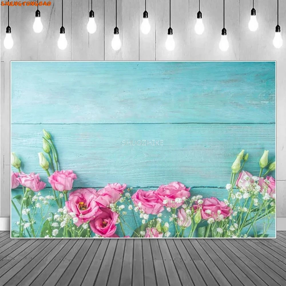 Flower Wooden Food Subject Backdrop for Photo Shoot Blue Wood Board Product Photo Background Spring Floral Shooting Prop