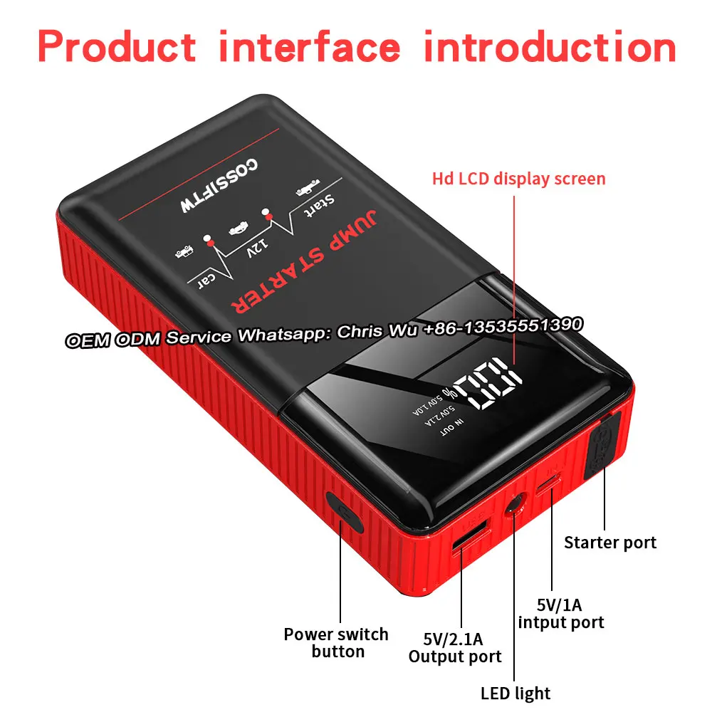 Car emergency starting power supply with large capacity 12V connected to diesel engine ignition device battery charging bank