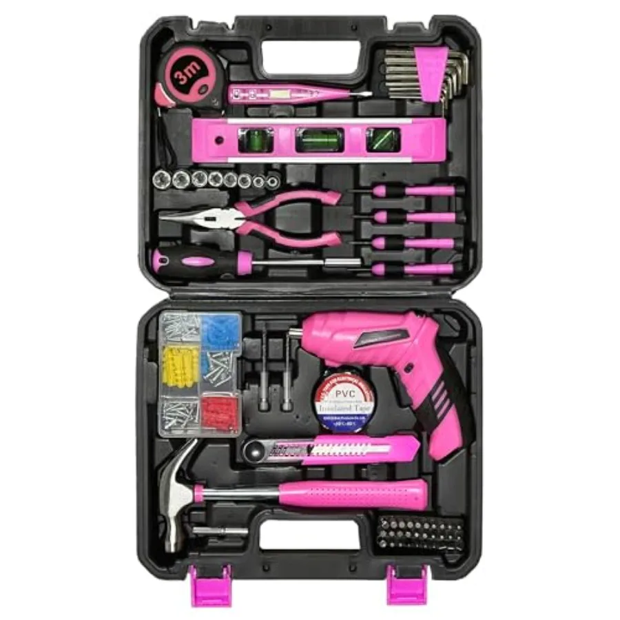 

Pink Toolbox Essentials for Women Girls Starter DIY Drilling Kit with Cordless Power Tools Electric Drill Hammer Screwdriver Se