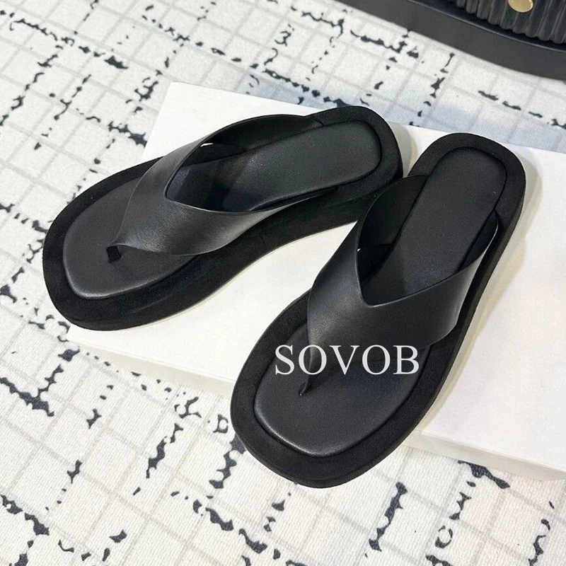 Summer Genuine Leather Flip Flops Women's Korean Version Minimalist Round Toe Flat Bottom Slippers Outdoor Vacation Beach Shoes