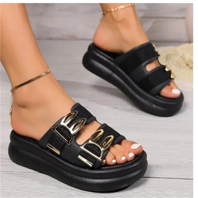 Vintage Denim Sandals Women Metal Decoration Solid Color Summer 2024 Designer Luxury Ladies Casual Sandals Handmade