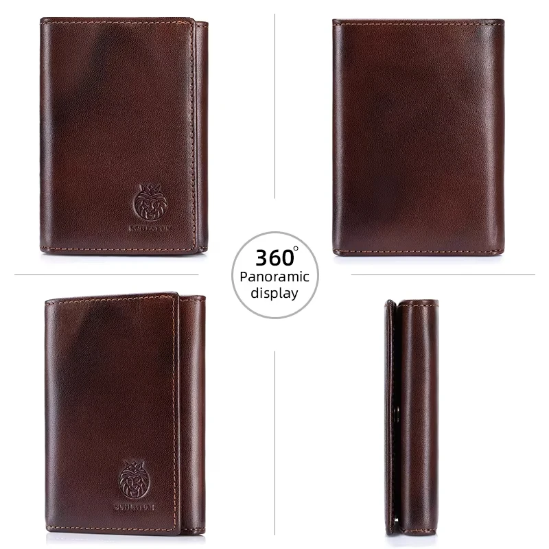 RFID-blockierende Geldbörse aus echtem Leder mit mehreren Kartenfächern für Herren, Vintage-Stil, dünn, dreifach faltbar, Kreditkartenetui mit Ausweisfenster