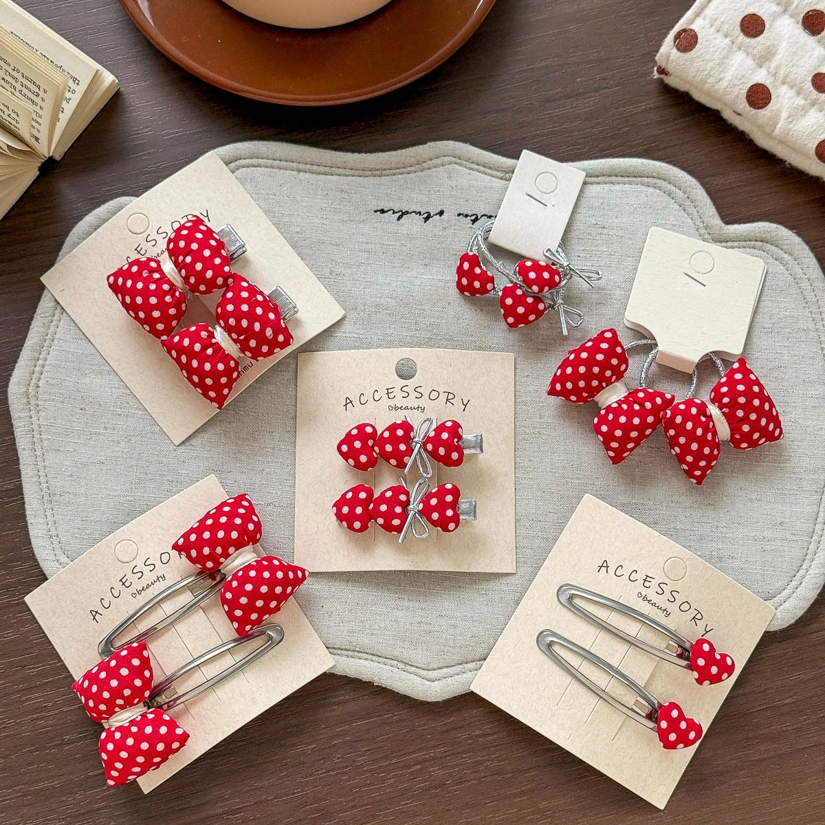 Red Polka Dot Bow Love Hairpin Bangs Side Clip Girl Hair Clip Children's Hair Tie Ponytail Headrope Rubber Band Hair Accessories