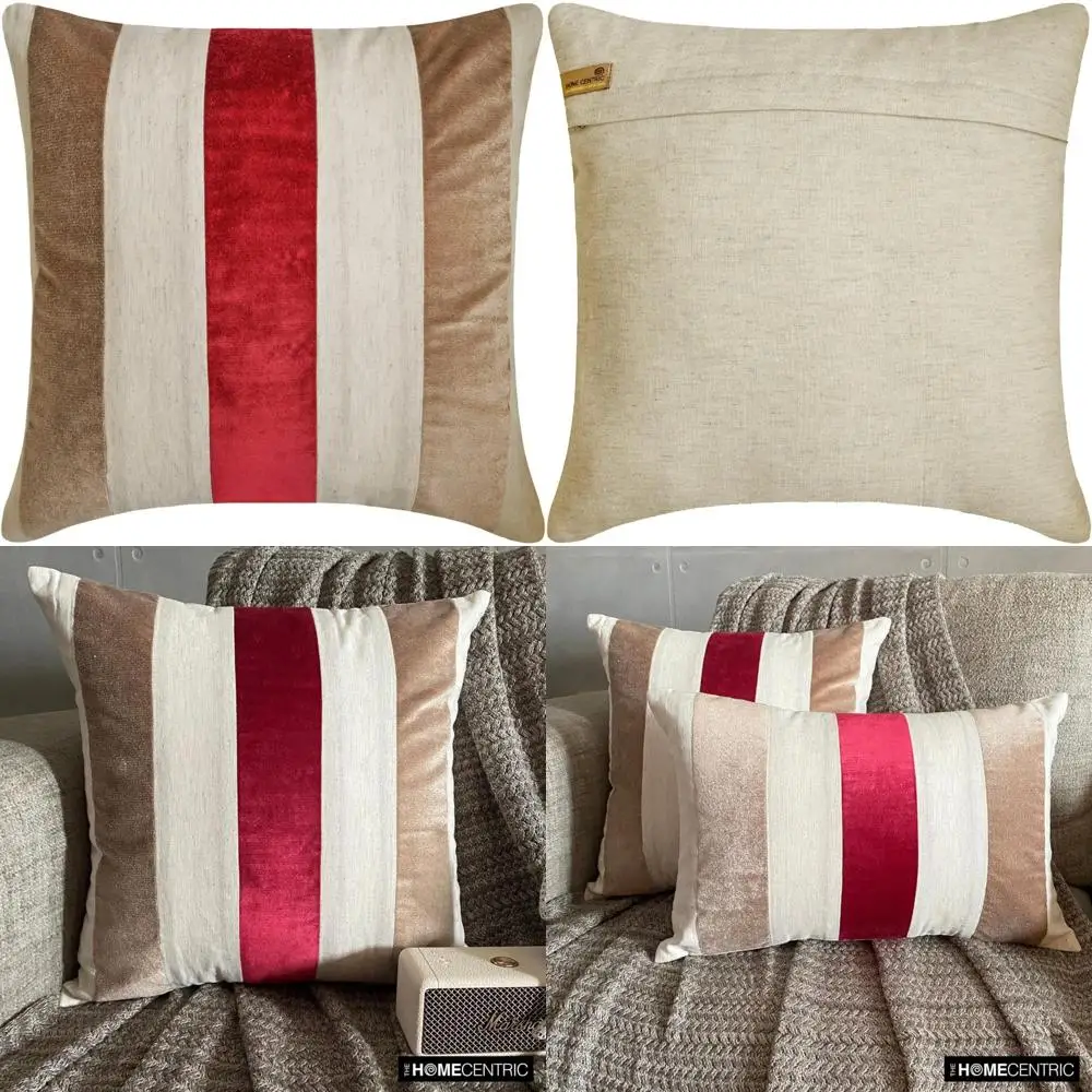 

Red Velvet & Linen Patchwork Throw Pillow Covers, 22x22 inches (55x55 cm), Set of 2, Decorative Pillowcases for Home