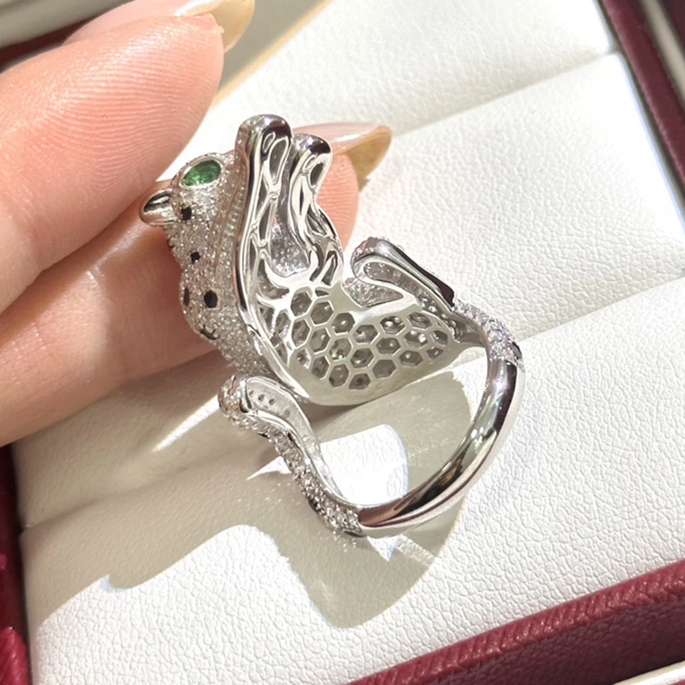 Luxury 925 Sterling Silver Black Enamel Spot High Carbon Diamond Panther Shaped Leopard Open Ring for Man or Woman Fine Jewelri