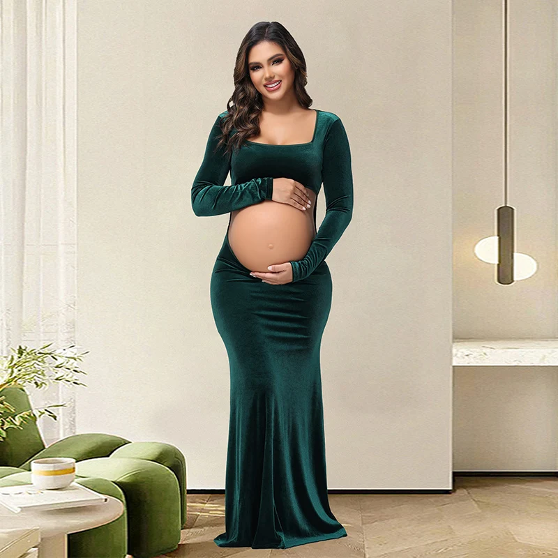 Maternity Photography Dress Velvet Sexy Exposed Belly Long Sleeve Backless Square Neck Women Photoshoot Dress