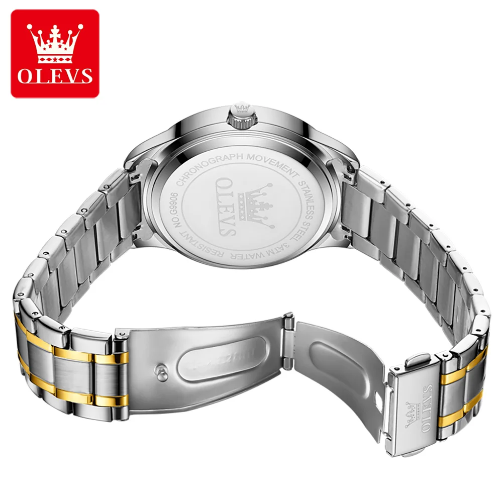 ساعة ماركة OLEVS بتقويم مزدوج وساعة كوارتز رجالية مرصعة بالألماس مقاومة للماء 9906