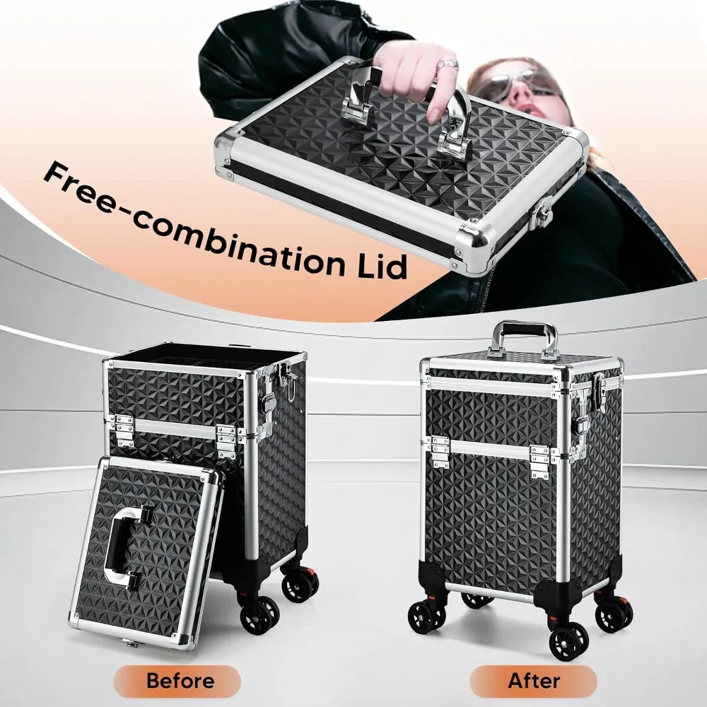 3-in-1 Rolling Makeup Case on Wheels, Large Cosmetic Trolley for Salon, Barber, Nail Tech, Hairstylist, MUA, Black view 5