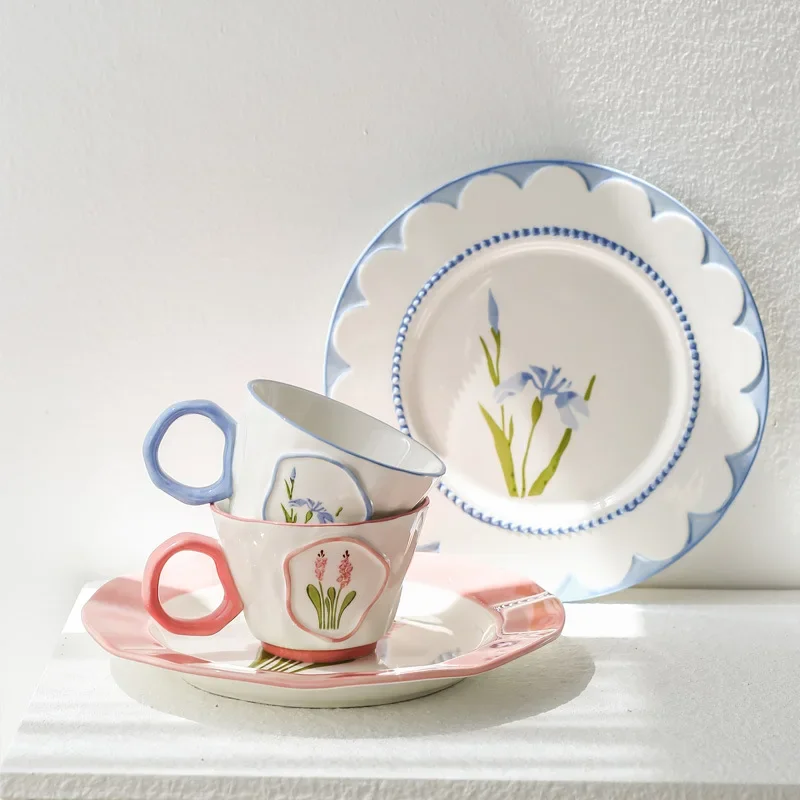 Medieval Style Lily of Valley and Iris Dinner Plate Coffee Mug 3D Handpainted Colored Ceramic Decorative Storage Trays