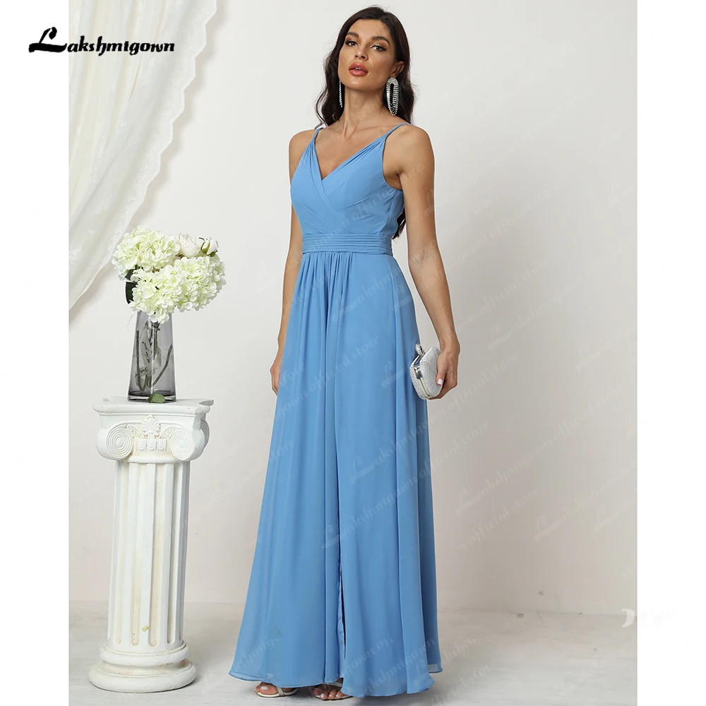 2023 Gorgeous Blue Side Slit Bridesmaid Dress Woman Long Chiffon Mother Dress V Neck with Straps Wedding Guest Gowns vestido