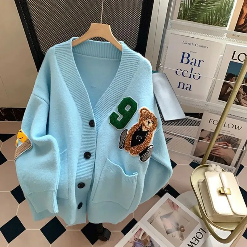 Japanese Cartoon Bear Sweater Jacket Women's 2024 New Korean Version Loose and Versatile Knitted Cardigan