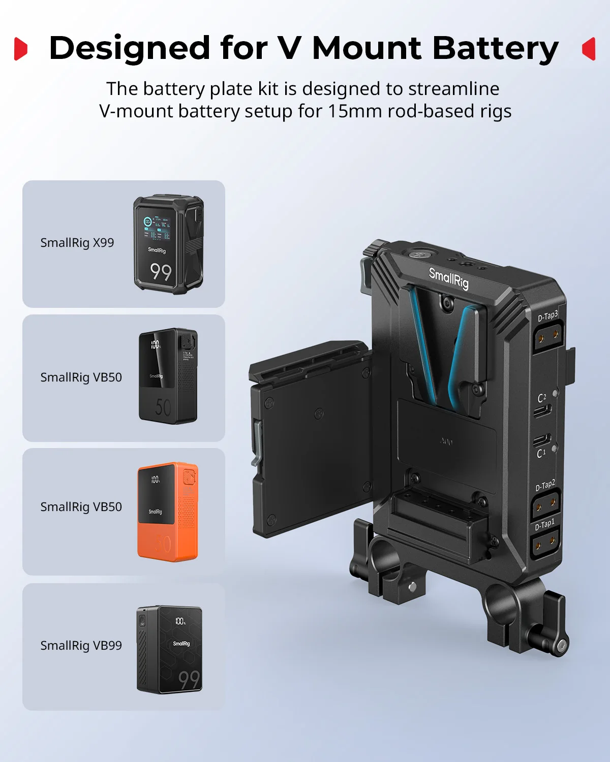 Zestaw mocowania baterii SmallRig V-Mount do prętów 15mm LWS dla Sony, Canon i aparatów DSLR z zaciskiem na pręt 15mm i osłoną ekranu. — zdjęcie produktu 2