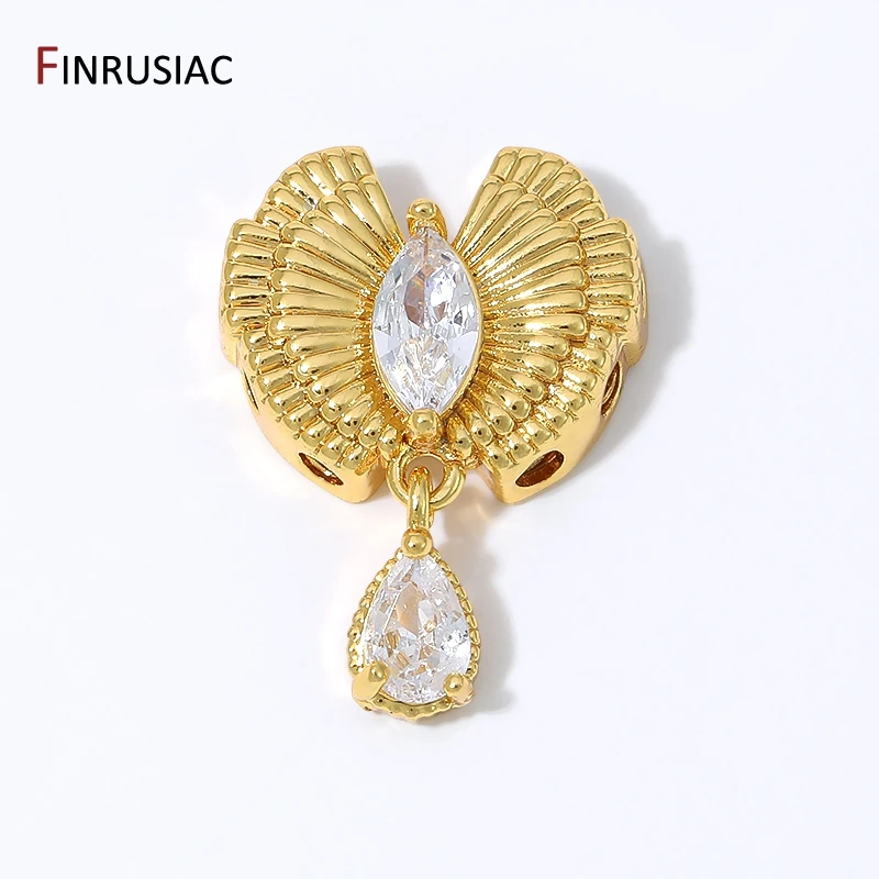 18K Gold Plated Brass Fan Shape Spacer Bead Zircon Multi- Holes Separator Bead With Drop Charm,DIY Jewelry Making Findings