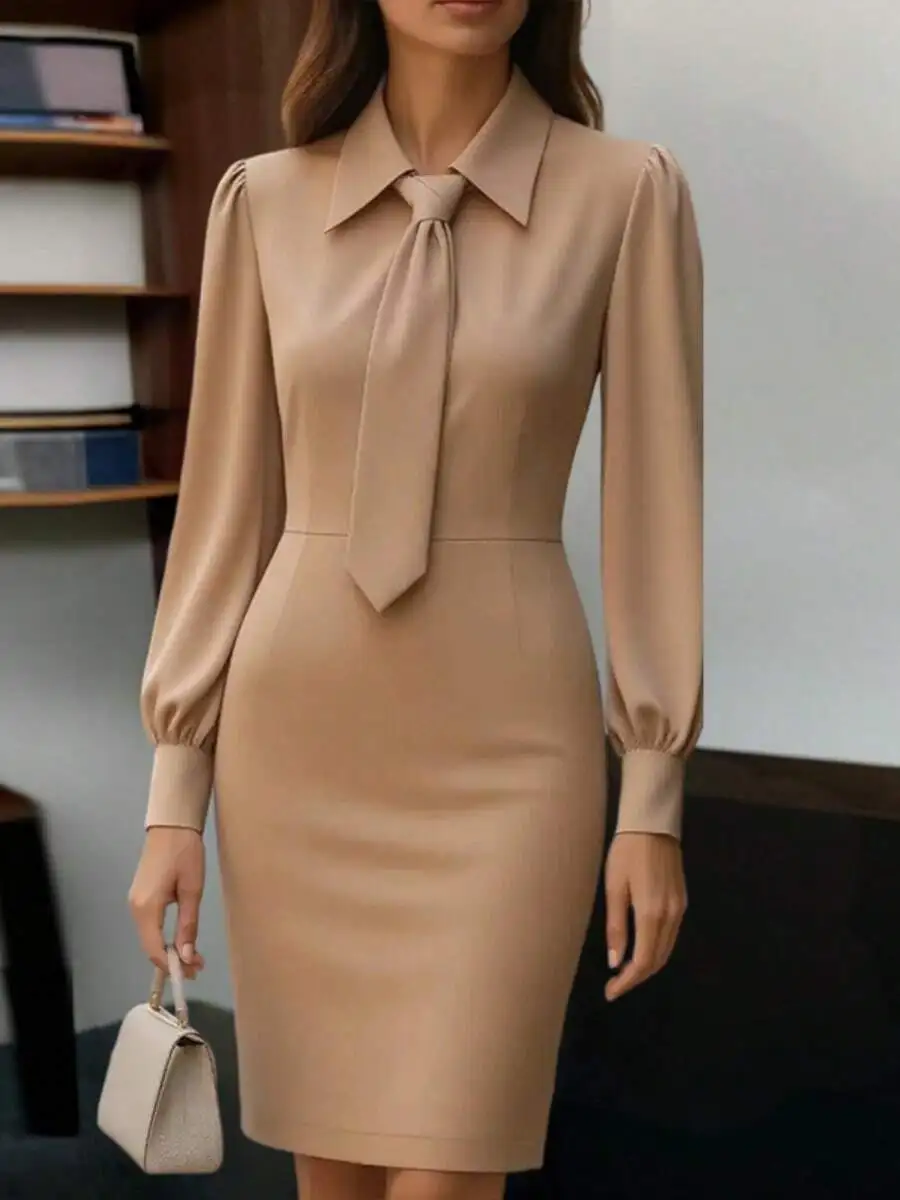 

Women's Beige Solid Tie-Neck Puff Sleeve Midi Dress for Office & Formal Events