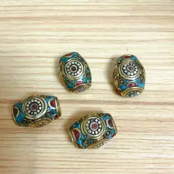 BD127 Beautiful Nepal Handmade Beads Tibetan Brass Semi-precious Stone 14mm*19mm Loose Beads Pendant Accessories 4 Beads Lot