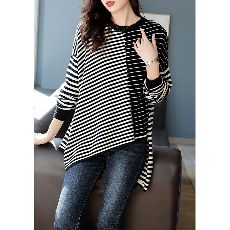 Autumn Winter Striped Patchwork Irregular T-shirt Ladies Long Sleeve Loose Casual Streetwear All-match Pullover Top Women Tees